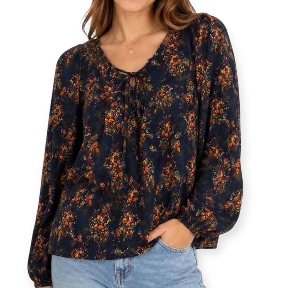NWT Natural Life Rowan Floral Top Bohemian Cottage Festival Boho Tie Neck Large